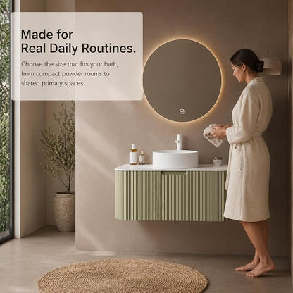 36 Inch Bathroom Vanity with Sink, Floating Wall Mounted Single Sink Vanity, Sage Green Curved Fluted Front, Stone Top, Pure White Round Vessel Basin, Pre-Assembled