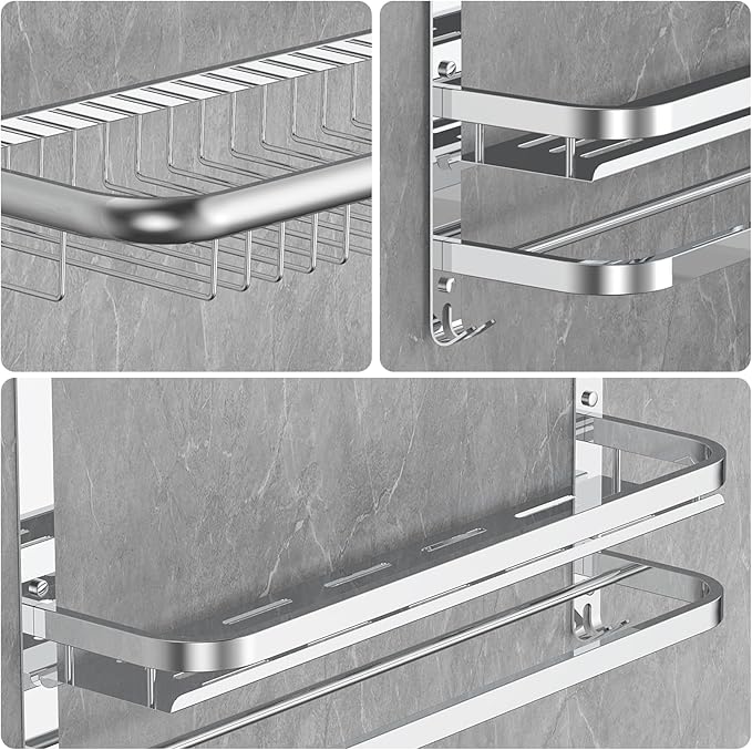 Foldable 23.22 Inch Rowel Rack Wall Mounted with Bathroom Shower Shelves Stainless Steel Towel Bar Without Drilling and Screw Installation (Silvery)