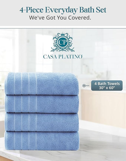 Casa Platino 100% Cotton 4 Pack Bath Towels (30"x60") - Ring Spun Mercerized Cotton Bathroom Towels Set - Quick Dry, Soft & Absorbent Large Bath Towels - Machine Wash in Cold Water - Cerulean Blue