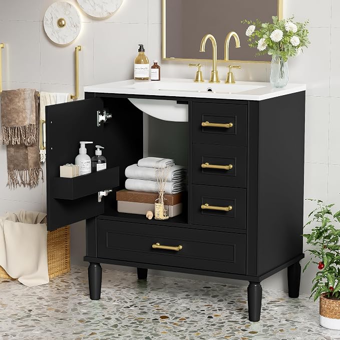30" Bathroom Vanity with Sink,Free Standing Single Basin Vanity Set w/ 3 Drawers & Soft Closing Door,Solid Wood Frame,Metal Handles,Modern Storage Cabinet for Small Space,Black