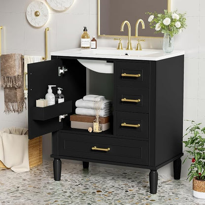 30" Bathroom Vanity with Sink,Free Standing Single Basin Vanity Set w/ 3 Drawers & Soft Closing Door,Solid Wood Frame,Metal Handles,Modern Storage Cabinet for Small Space,Black