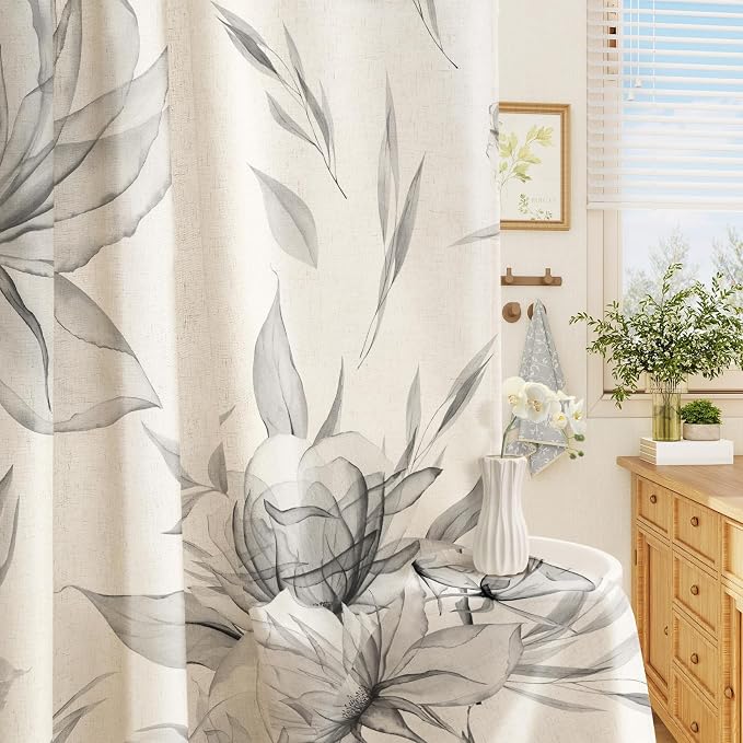 Litabel Farmhouse Grey Floral Linen Shower Curtain, Boho Vintage Spring Cotton Shower Curtains for Chic Elegant Bathroom Decor, Ink Painting Style Blossom Fabric Bath Curtain, 72 x 72