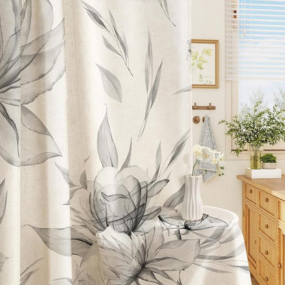 Litabel Farmhouse Grey Floral Linen Shower Curtain, Boho Vintage Spring Cotton Shower Curtains for Chic Elegant Bathroom Decor, Ink Painting Style Blossom Fabric Bath Curtain, 72 x 72