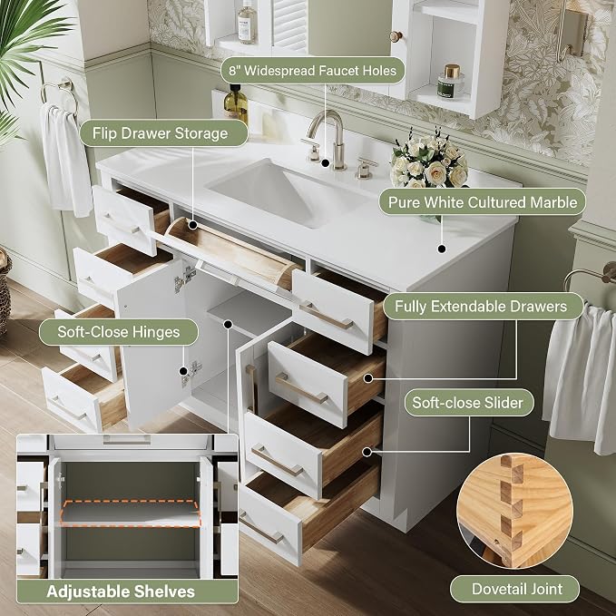 48-Inch Bathroom Vanity with Sink W/ 2 Doors & 8 Drawers & 1 Flip Drawer, White Vanity W/Brushed Nickel Handles
