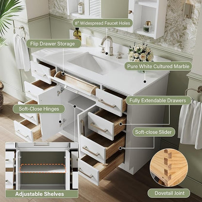 48-Inch Bathroom Vanity with Sink W/ 2 Doors & 8 Drawers & 1 Flip Drawer, White Vanity W/Brushed Nickel Handles