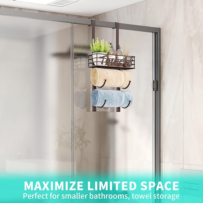 HapiRm Towel Racks for Bathroom Storage - 3 Tier Over The Door & Wall Mount Rolled Towel Storage Organizer Holder with Metal Shelf Basket for Small Bathroom, Camper, Rv - Bronze, Patented
