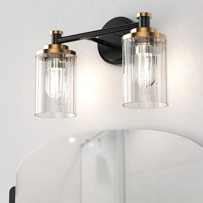 Bathroom Lighting Fixtures Black and Brass Bathroom Vanity Light with Cylindrical Clear Stripes Glass Lampshade E26 Socket Base Bathroom Lighting Fixtures Over Mirror (2 Lights)