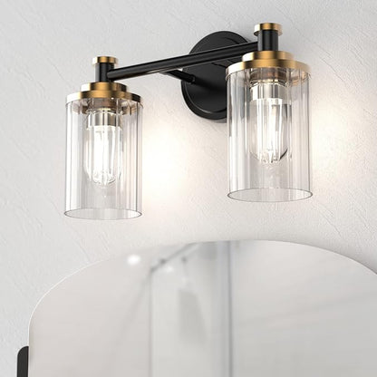Bathroom Lighting Fixtures Black and Brass Bathroom Vanity Light with Cylindrical Clear Stripes Glass Lampshade E26 Socket Base Bathroom Lighting Fixtures Over Mirror (2 Lights)