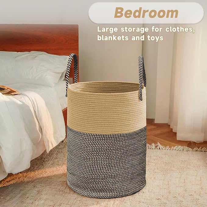 JMvicyroam 60L Cotton Rope Laundry Basket Hamper, Brown and Black | Collapsible laundry basket, reinforced handles, freestanding, machine washable, holds 3-5 thick blankets, clothes or toys