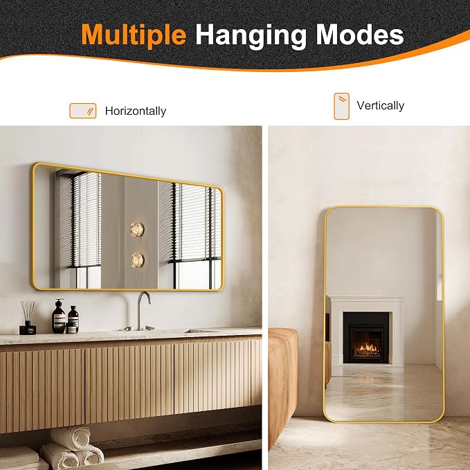 Bathroom Vanity Mirror, Gold Framed Mirror for Over Sink, 50x30 | HD glass, distortion-free for makeup and grooming, Sturdy frame, all mounting hardware, hangs horizontal or vertical
