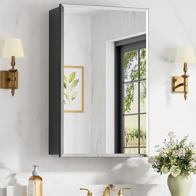 16x24 Inch Medicine Cabinet with Mirror, Aluminum Bathroom Mirror Cabinet, Beveled Edge Mirrored Single Door, Adjustable Shelves, Surface or Recessed Mount Mirrors with Storage, Black