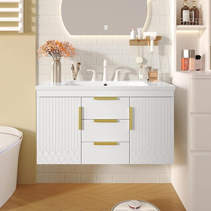 LUMISOL 36" Floating Vanity Bathroom with Sink, Wall Mounted Bathroom Vanity with 2 Doors & 2 Drawers, Modern Bathroom Storage Cabinet with Undermount Sink, White