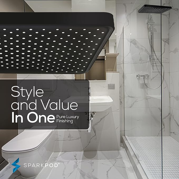 SparkPod 12 Inch Black Rain Shower Head - Ceiling or Wall Mount Rainfall Shower Head - Large Coverage Showerhead - Brass Ball Joint with 360° Adjustment - 1-Min Install (Midnight Black Matte)