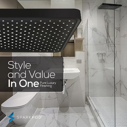 SparkPod 12 Inch Black Rain Shower Head - Ceiling or Wall Mount Rainfall Shower Head - Large Coverage Showerhead - Brass Ball Joint with 360° Adjustment - 1-Min Install (Midnight Black Matte)