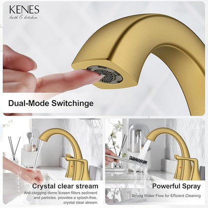 KENES Gold Bathroom Faucets for Sink 3 Hole, Brushed Gold 8 Inch 2 Handle Widespread Bathroom Faucet, Bathroom Vanity Faucet with Pop Up Drain & Supply Lines, LJ-9075-4