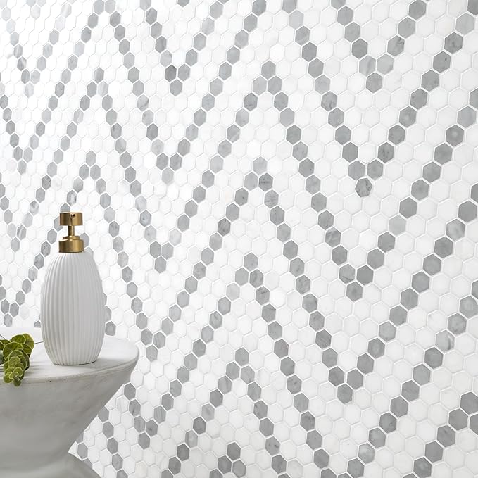MSI Bianco Dolomite Sazi 11 in. x 14 in. Polished Marble Hexagon Wall Tile and Floor Tile for Kitchen Backsplash, Wall Tile for Bathroom, Shower Wall Tile, Mesh Mounted Mosaic Tile