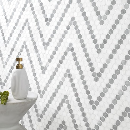 MSI Bianco Dolomite Sazi 11 in. x 14 in. Polished Marble Hexagon Wall Tile and Floor Tile for Kitchen Backsplash, Wall Tile for Bathroom, Shower Wall Tile, Mesh Mounted Mosaic Tile