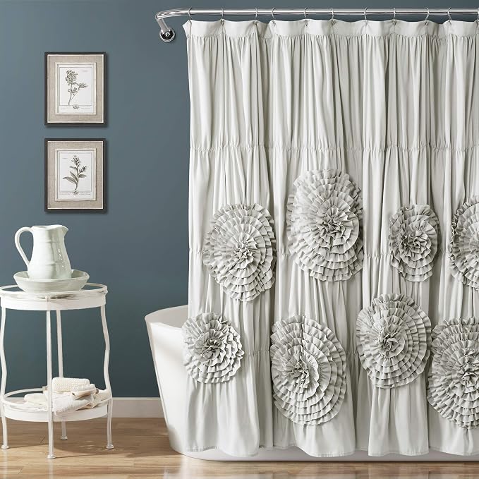 Lush Decor Serena Shower Curtain, 72" W x 72" L, Light Gray - Ruffled Bathroom Curtain - Gray Fabric Shower Curtains - Coquette Decor