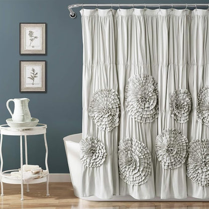 Lush Decor Serena Shower Curtain, 72" W x 72" L, Light Gray - Ruffled Bathroom Curtain - Gray Fabric Shower Curtains - Coquette Decor