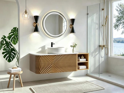 48" Floating Bathroom Vanity with Sink, Mid-Century Wall Mounted Bathroom Vanity Cabinet with Wood Waved Decor,Ceramic Vessel Basin and Sintered Stone Top, Soft Close Drawer, Side Open Cube