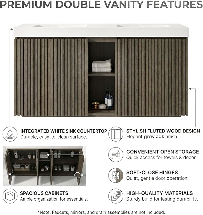 60" Double Bathroom Vanity with Sink Combo, Mid Century Modern Bathroom Cabinet with Doors & Shelves, Glossy White Integrated Sink with Overflow, Dark Grey Oak