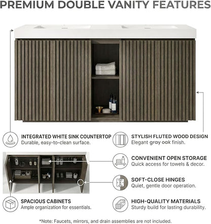 60" Double Bathroom Vanity with Sink Combo, Mid Century Modern Bathroom Cabinet with Doors & Shelves, Glossy White Integrated Sink with Overflow, Dark Grey Oak