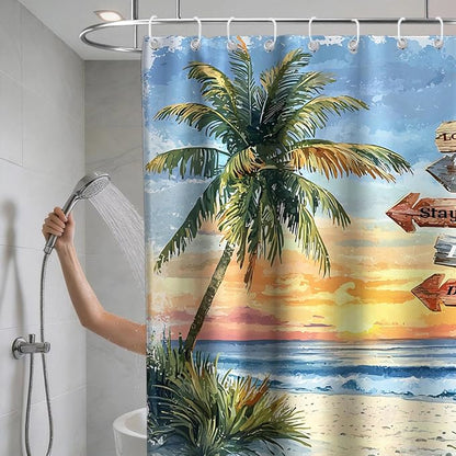 Beach Tropical Coastal Shower Curtain Luxury Aesthetic Palm Tree Summer Sun | Inspirational Shower Curtains for Bathroom, Waterproof Bath Curtain with Hooks Machine Washable Bathtub Curtains 36x72 Inch