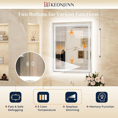 Keonjinn 28x36 Inch Nickel LED Bathroom Mirror with Lights, Beveled Edge | Frontlit & Backlit, Lighted Bathroom Mirror, HD Tempered Glass, 3 Color Temperatures, Anti-fog, Stepless Dimmable