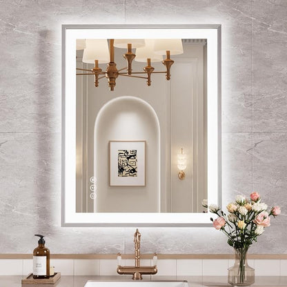 24x30 Inch Silver Frame LED Mirror for Bathroom | Silver Metal Frame, Front and Backlit, 3 Colors, Dimmable, Memory, Anti Fog, Tempered Glass, Lighted Mirror for Wall