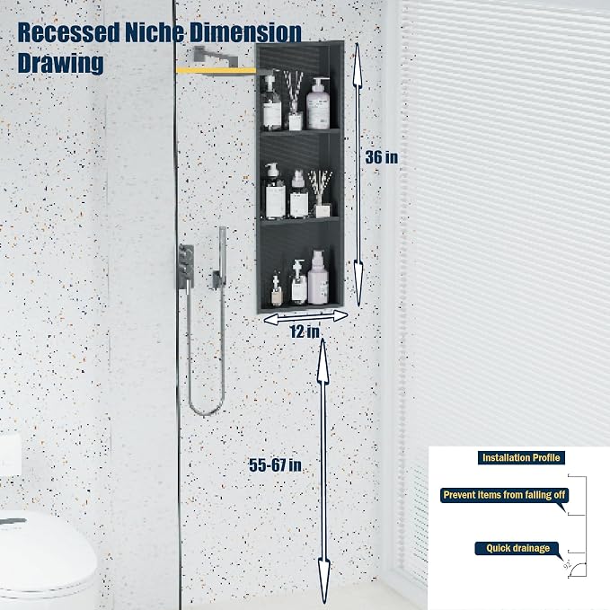 Black Stainless Steel Shower Niche 36" X 12" ，Recessed Shower Shelf for Bathroom Storage，Three-Tier Shelves， Matte Black (Black, 36 * 12 in)