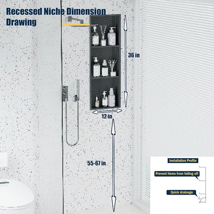 Black Stainless Steel Shower Niche 36" X 12" ，Recessed Shower Shelf for Bathroom Storage，Three-Tier Shelves， Matte Black (Black, 36 * 12 in)