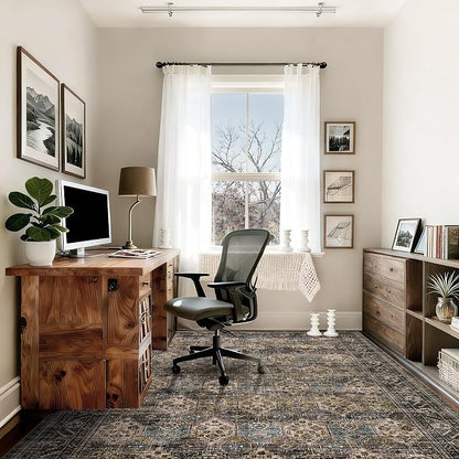 Washable Floral 9x12 Area Rug for Living Room Bedroom, Indoor Retro Accent Non Slip Large Dining Room Rugs, Low Pile Stain Resistant Home Decor Carpet for Home Office, Yellow Taupe