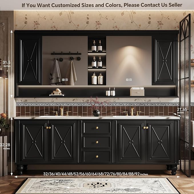 Double Sink Bathroom Vanity, Luxurious Bathroom Vanity with LED Smart Defog Mirror, Solid Freestanding Wood Vanity Sink Cabinet