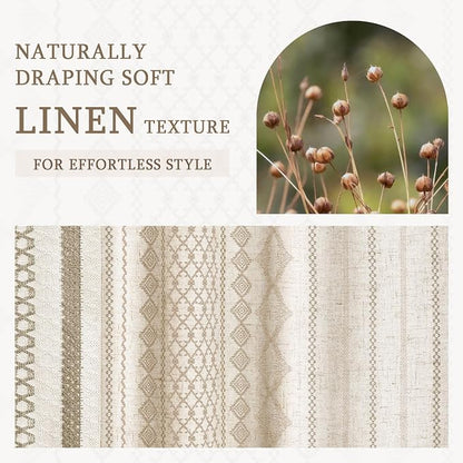 Beige Boho Linen Shower Curtain,72" W x 72" L | Linen Striped Print and Twine-Inspired Woven Center for Bathroom