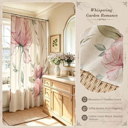 Litabel Farmhouse Pink Floral Linen Shower Curtain, Boho Vintage Spring Cotton Shower Curtains for Chic Elegant Bathroom Decor, Ink Painting Style Blossom Fabric Bath Curtain, 72 x 72