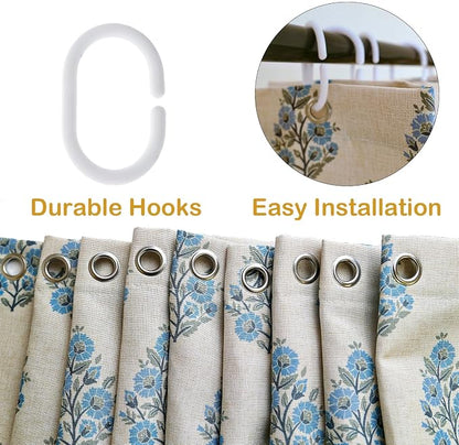 Boomkin Block Print Scalloped Shower Curtain Set with 12 Hooks | Grandmillennial Shower Curtain Linen Textured Cottage Core Floral Bathroom Curtain for Vintage Farmhouse Bathroom 72 x 72 Inc