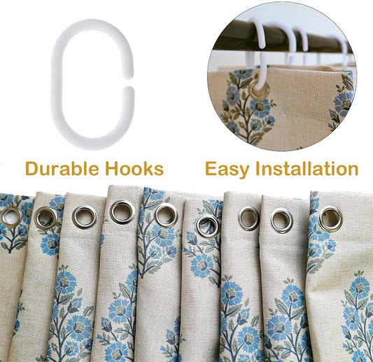 Boomkin Block Print Scalloped Shower Curtain Set with 12 Hooks | Grandmillennial Shower Curtain Linen Textured Cottage Core Floral Bathroom Curtain for Vintage Farmhouse Bathroom 72 x 72 Inc