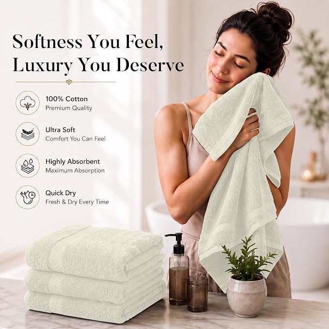DAN RIVER 600 GSM Cotton Large Bath Towels Set of 4, 27 x 54 Inches, Ivory | Larger & Lighter Weight Towels for Bathroom - Highly Absorbent & Quick Dry 100% Cotton Bath Towel Set for Home, Spa & Hotel