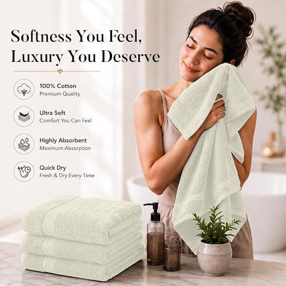 DAN RIVER 600 GSM Cotton Large Bath Towels Set of 4, 27 x 54 Inches, Ivory | Larger & Lighter Weight Towels for Bathroom - Highly Absorbent & Quick Dry 100% Cotton Bath Towel Set for Home, Spa & Hotel