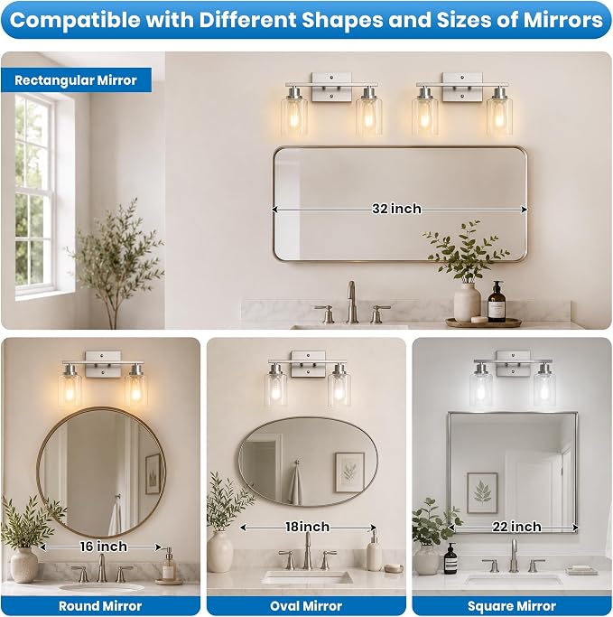 Ascher 2 Light Bathroom Light Fixture, Brushed Nickel Bathroom Lighting Fixtures Over Mirror, Vanity Light with Clear Glass Shade, Wall Sconce for Living Room Bedroom Cabinet, E26 Base