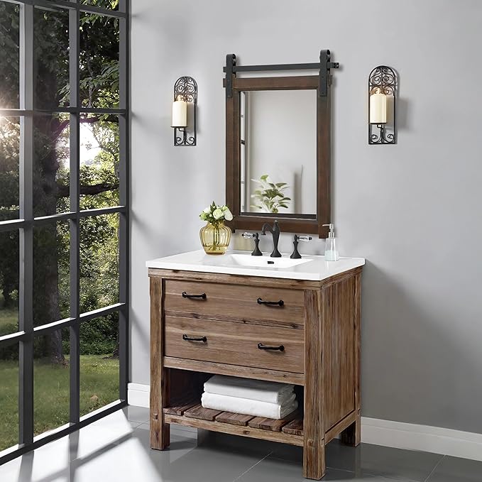 Besdomus Rustic Bathroom Wall Mirror: 22"x30" Brown Barn Door Solid Cedar Wood Frame Vanity Mirror - Farmhouse Decor for Hallway/Living Room/Bathroom Renovation - Wall Decor for Fashion-Conscious