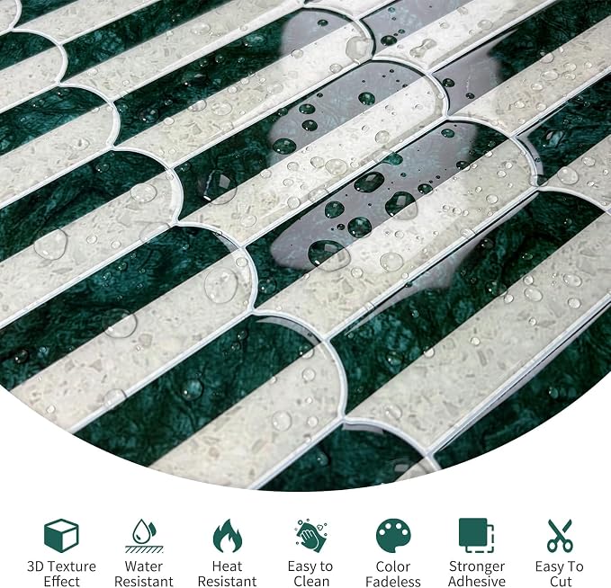 10-Sheet Upgraded Thicker Peel and Stick Kitchen Backsplash Tiles,Waterproof Self-Adhesive Vinyl Wall Tile Stick on Backsplash for Kitchen,Bathroom,Fireplace and RV(Green,12"×12")