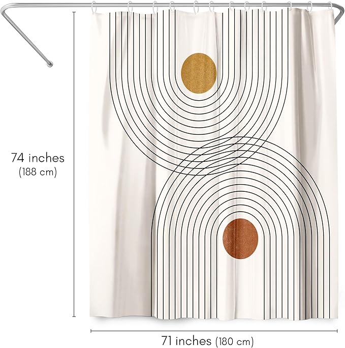 Americanflat 71x74 Boho Shower Curtain - Water-Resistant Long Shower Curtain with Durable Metal Grommets and 12 Hooks - 100% Polyester - Black, Mustard Yellow, Terracotta and Beige
