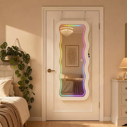 Fiqevs RGB Mirror Jewelry Cabinet, Remote Control LED Wavy Wall Door Mirror | Hanging Mirror with Storage, Full-Length, Lockable, Jewelry Organizer with Lighted Mirror, White Jewelry Armoire