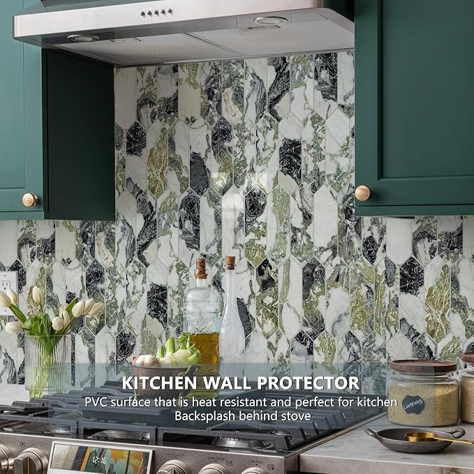 Vamos Tile Glossy Ice Green Backsplash Tile Peel and Stick, 12.8 x 12.8 Inch 10 Sheets Long Hexagon PVC Self Adhesive Mosaic Wall Tiles Stick on Backsplash for Kitchen Bathroom and Fireplace