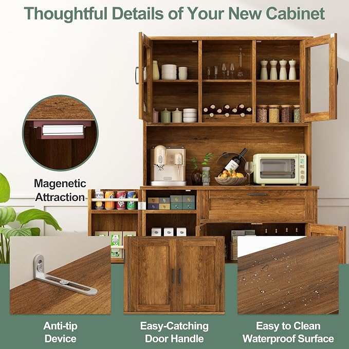Shintenchi 68" Kitchen Pantry Storage Cabinet, with Microwave Stand, Brown | Freestanding Buffet Cabinet, with 3 Door Shelves, Kitchen Hutch with Doors, Adjustable Shelves and Wine Rack