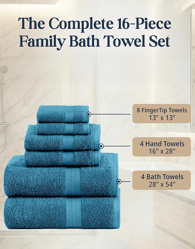 LANE LINEN Bath Towel Set 100% Cotton 16 Piece Soft Absorbent - Sea Port | Bath Towels Large Set -, Terry Weave Comfort, Soft & Long-Lasting, Hotel-Style Look, Machine Washable