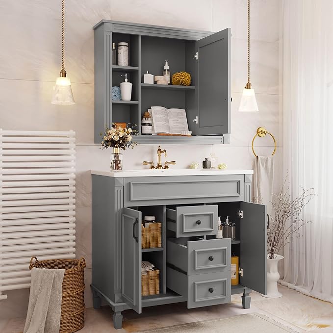 36" Bathroom Vanity with Top Sink, Mirror Cabinet, Modern Bathroom Storage Cabinet with 2 Soft Closing Doors and 2 Drawers, Single Sink Bathroom Vanity
