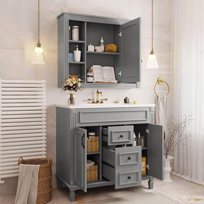 36" Bathroom Vanity with Top Sink, Mirror Cabinet, Modern Bathroom Storage Cabinet with 2 Soft Closing Doors and 2 Drawers, Single Sink Bathroom Vanity