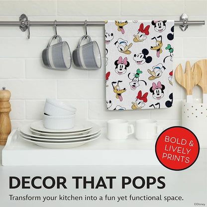 Disney Mickey & Friends Cotton Kitchen Towels, 2-Pack 16"x26", Absorbent | Durable, colorfast dish towels resist fraying, machine washable, dries dishes, hangs on oven handles, great for gifting